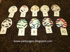 the numbers are made up of different shapes and sizes on paper plates with colored strips