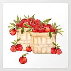 a watercolor painting of apples in a basket with leaves on the top and bottom