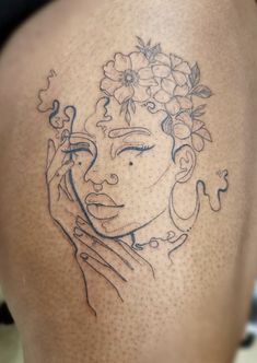 Flower Thigh Tattoos Black Women, Curly Hair Tattoo, She Is Art Tattoo Ideas, Small Dope Tattoos, Flower Thigh Tattoos, Father Tattoos