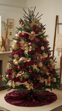 a christmas tree with red and gold decorations