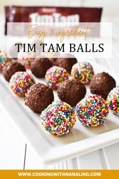 chocolate truffles with sprinkles on a white plate next to a box of tim tam balls