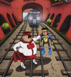 two cartoon characters are standing on train tracks