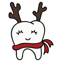 a cartoon tooth with reindeer antlers on it's head and eyes, wearing a red scarf