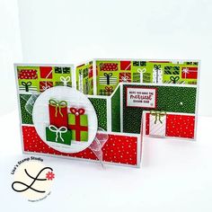 two christmas cards with bows and presents on them