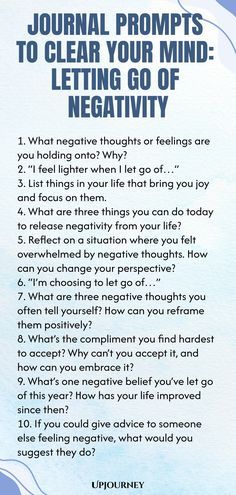 Explore these thought-provoking journal prompts tailored to help you release negativity and declutter your mind. Let go of what no longer serves you, and invite positivity into your life. Taking the time to reflect through writing can be a powerful tool for personal growth and mental clarity. Start your journaling journey today with these effective prompts! Journalling Inspiration, Too Many Thoughts, Work Etiquette, Psychology Terms, Journal Prompts For Kids, Relationship Quizzes, Release Negativity