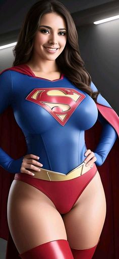 a woman in a superman costume posing for the camera with her hands on her hips