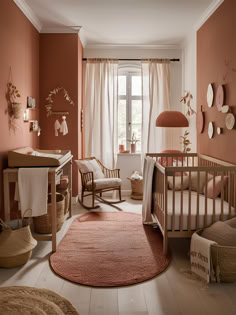 a baby's room with pink walls and white flooring is decorated in neutral tones