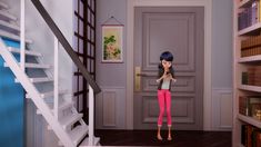 an animated woman standing in front of a door with bookshelves and stairs behind her