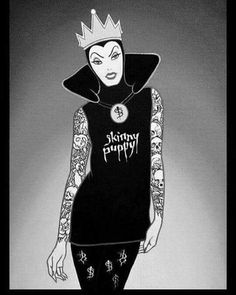 a drawing of a woman with tattoos and a crown on her head, wearing a black shirt