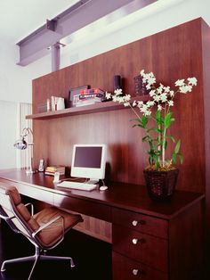 a desk with a computer on top of it