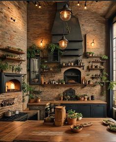 a kitchen with brick walls and lots of potted plants on the counter top, along with an oven