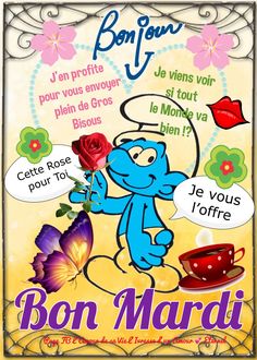 a cartoon character holding a rose in front of a sign that says bon mardi