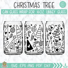 christmas tree glass wrappers for 16oz liberty glasses with holiday decorations on them and the words, christmas tree