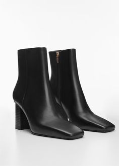 Squared toe leather ankle boots - Women | Mango USA Womens Fall Boots, Mango Outlet, Pointed Heels, Ballerina Shoes, Black High Heels, Womens Boots Ankle, Heeled Ankle Boots, Shoe Style, High Heel Pumps