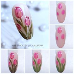 Тюльпаны гель лаком Nail Art Floral Designs, Nail Flowers Design, Flower Art Nails, Rose Nails Art, Nail Flower Designs, Drawing On Nails