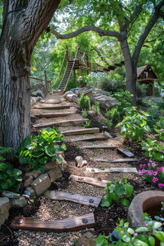 22 Hillside Garden Ideas to Create an Enchanting Escape Hillside Stairs Diy, Ideas For Backyards With Hills, Wildflower Hill Landscaping, Backyard Walking Trail, Outdoor Stairs Hillside, Walking Paths Landscape, Hardscaping Backyard Ideas, Hill Garden Ideas, Gardens On A Hill