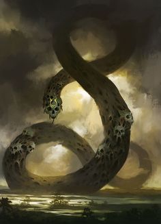 a painting of two snakes in the middle of a field with dark clouds behind them