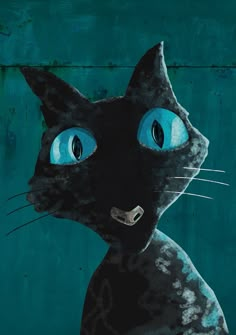 a painting of a black cat with blue eyes