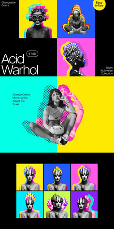 an ad for acid warhol with different images and text on the front, in bright colors