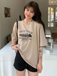 Khaki Casual Collar Half Sleeve Fabric Letter  Embellished Non-Stretch  Women Clothing Black Skirt Oversized Shirt, Oversized Shirt Outfits Women, Cute Baggy Shirts, Baggy Clothes Outfit Summer, Basic Summer Fits, Baggy Shirts For Women, Graphic Tee Summer Outfit, Shirts And Shorts Outfit, Shorts And Tshirt Outfits