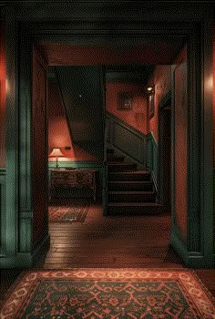 a hallway with red walls and green trim on the stairs, carpeted flooring