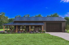 this is a computer rendering of a house in the country side with a metal roof