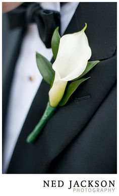 a man in a tuxedo with a white flower on it's lapel