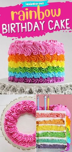 a rainbow birthday cake with pink frosting and two candles