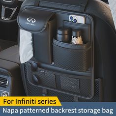 the interior of a car with storage bags in it