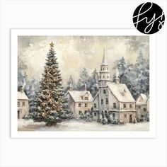 a painting of a church with a christmas tree in the foreground