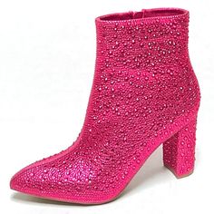 Sparkle And Shine In These Blingy Rhinestone Ankle Boots. Great For Parties, Concerts And Other Fun Special Occasions. New In Box Man Made Material Rhinestone Encrusted Uppers Pointed Toes Side Zipper For Easy Shoe Removal Lightly Padded Insole Comfy Chunky Heels Heel Height: 3.5 In. Shaft Height: 5.5 In. Fitting: True To Size. Regular Widt Embellished Pink High Heel Boots, Pink Embellished High Heel Boots, Embellished Pink Boots For Evening, Embellished Pink Evening Boots, Pink Sparkling Boots For Party, Pink Sparkling Party Boots, Sparkling Pink Party Boots, Pink Round Toe Boots For Party Season, Embellished Pink Boots For Fall