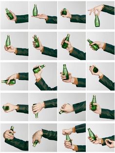 several images of hands holding green beer bottles in different positions, all showing the same size and shape