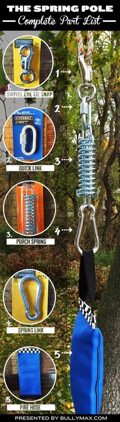 the spring pole is attached to a tree with several different types of springs and hooks