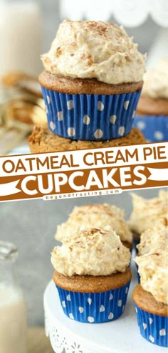 some cupcakes with frosting on top and the words oatmeal cream pie