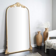 Litton Lane 72 in. x 42 in. Tall Ornate Arched Acanthus Oval Framed Gold Scroll Wall Mirror 043305 - The Home Depot Gold Mirrors, Full Length Floor Mirror, Kelly Clarkson Home, Arched Mirror, Metal Frame Mirror, Arch Mirror, Mirror Shapes, Vintage Floor, Bathroom Mirrors