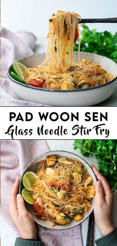 a person holding a plate of noodles with chopsticks in it and the text pad woon sen glass mobile stir fry