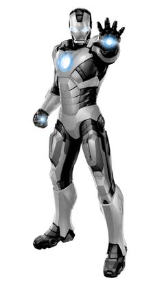 an iron man standing in front of a white background with blue light on his hands