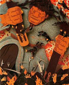 an image of halloween paper cutouts with hands and bats on them, all over the place