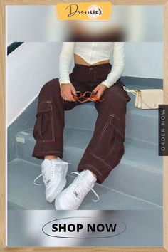 Weekeep Vintage Brown High Waist Cargo Pants Women Fashion Big Pockets Patchwork Baggy Denim Jeans Harajuku Trousers Streetwear Baggy Hip Hop Cargo Jeans For Fall, Hip Hop Straight Leg Cargo Jeans For Fall, Casual Cargo Jeans Trousers For Fall, Casual Brown Denim Bottoms, Casual Brown High Rise Pants, High Waist Brown Jeans, High Waist Hip Hop Cargo Jeans, High Waist Brown Bottoms For Streetwear, Casual Brown Jeans With Side Pockets