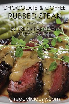 chocolate and coffee ribbed steak with bourbon parmesan cream sauce on a white plate