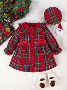 2pcs Baby Girls Christmas Plaid Ruffle Bow Decor Dress & Hat Set Multicolor     Tartan Smock Non-Stretch  Baby Girls Clothing, size features are:Bust: ,Length: ,Sleeve Length: Couple Pajamas, Christmas Plaid, Dress Hat, Bow Decor, 21st Dresses, Red Baby, Christmas Party Dress