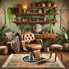 an old fashioned barber chair in the corner of a room with potted plants on shelves