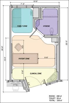 the floor plan for an apartment with two beds and one bathtub, in different colors