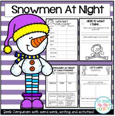 a snowman at night writing activity for students to practice their handwriting and spelling skills