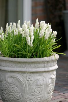 a white planter filled with lots of flowers sitting on top of a brick floor