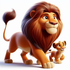 the lion and cub are standing next to each other in front of a white background