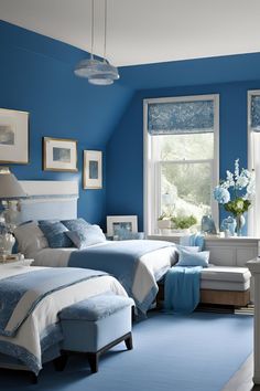 a bedroom with blue walls and two beds in the middle, one is made up