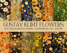 the cover of gusttav klimt flowers is shown in different colors and sizes