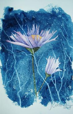 two purple flowers are in the middle of blue watercolors and ink on paper