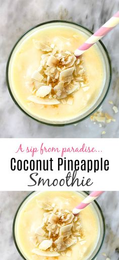 two glasses filled with coconut pineapple smoothie on top of a marble countertop